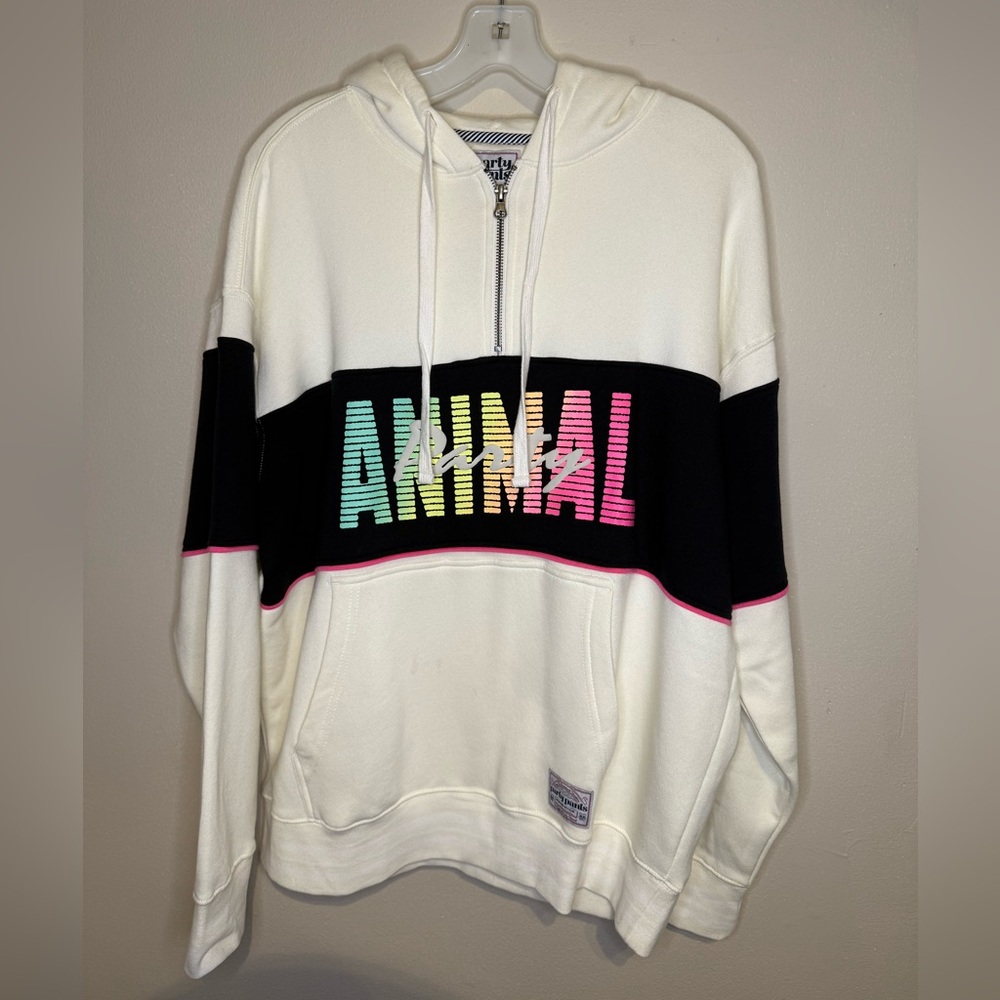 RARE Party Animal Hoodie By Party Pants MENS size Small Retro Cream Black Neon